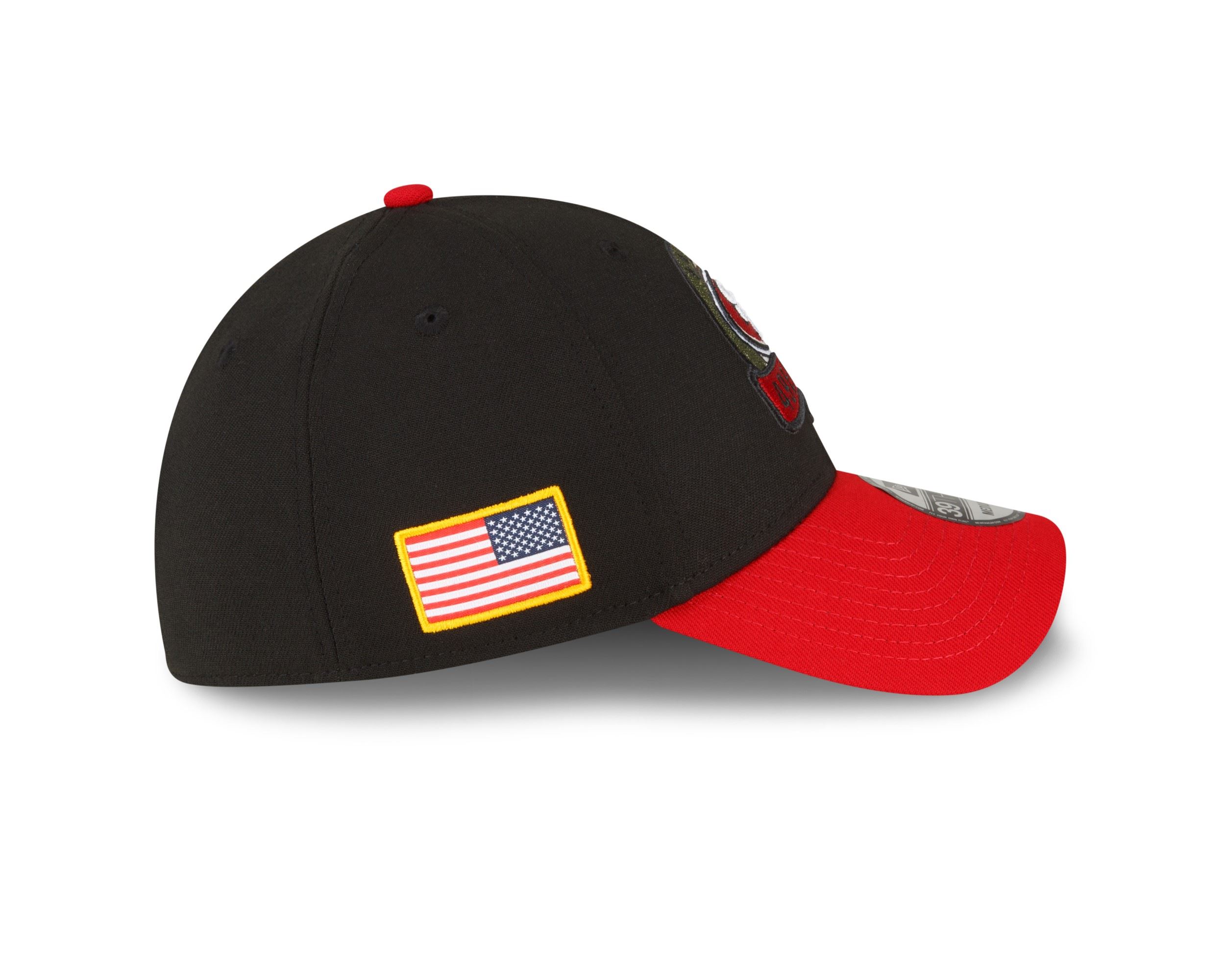 San Francisco 49ers NFL Salute to Service 2022 Black Red 39Thirty Stretch Cap New Era