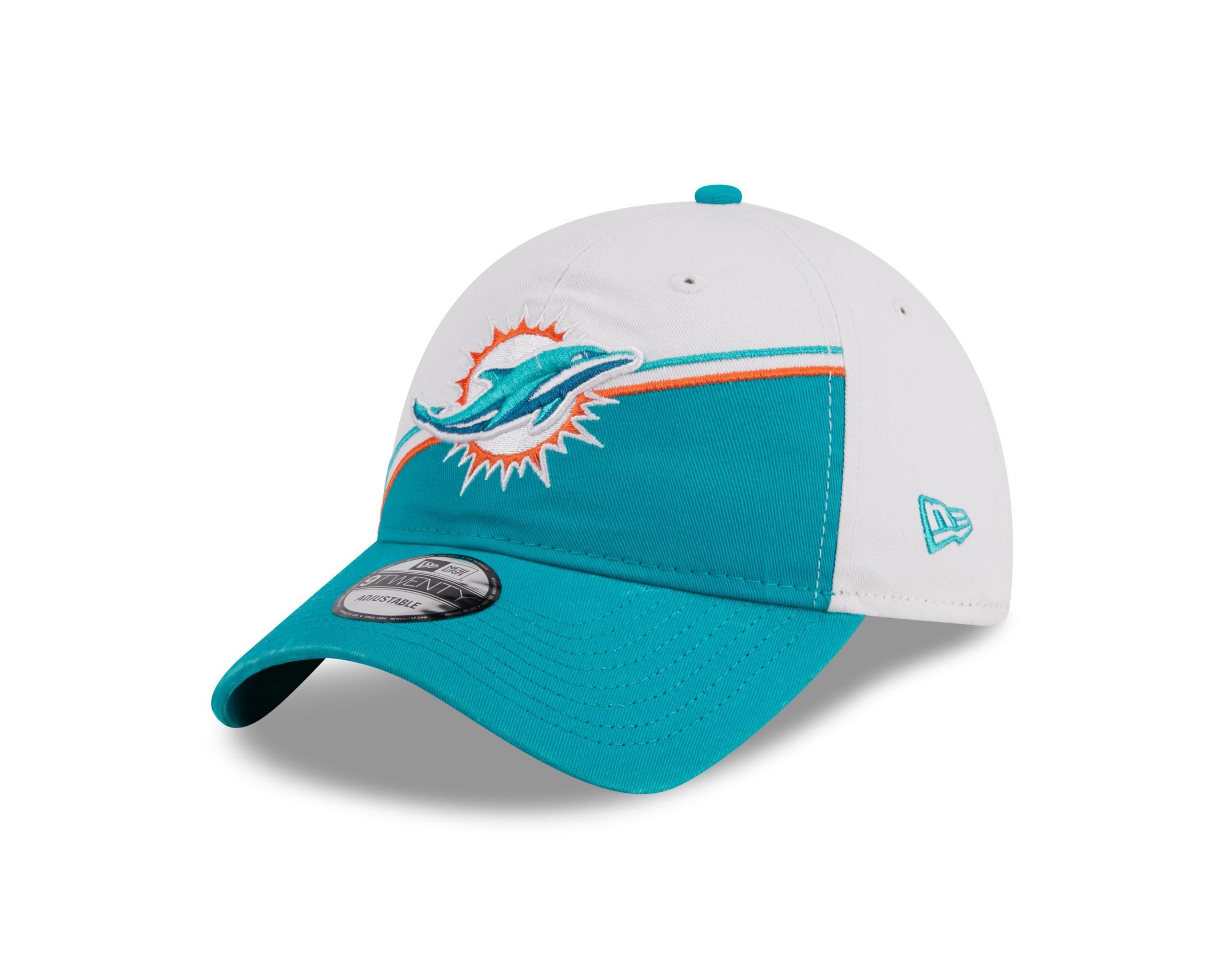 Miami Dolphins NFL 2023 Sideline White Turquoise 9Twenty Unstructured Strapback Cap New Era