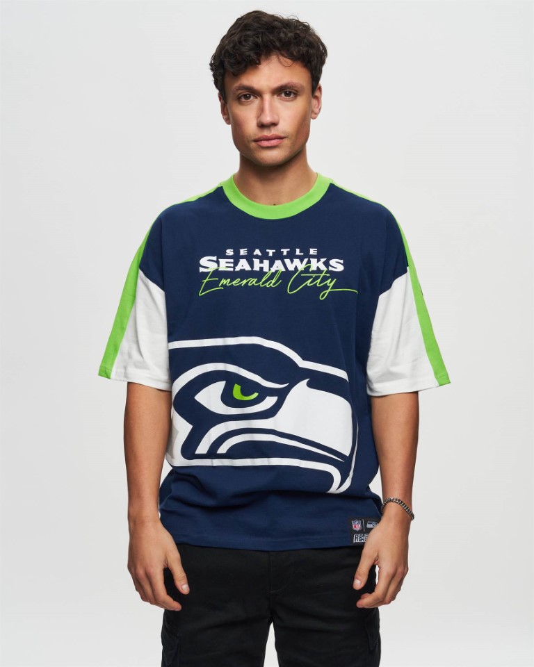 Seattle Seahawks Cut and Sew Navy Oversized T-Shirt Recovered