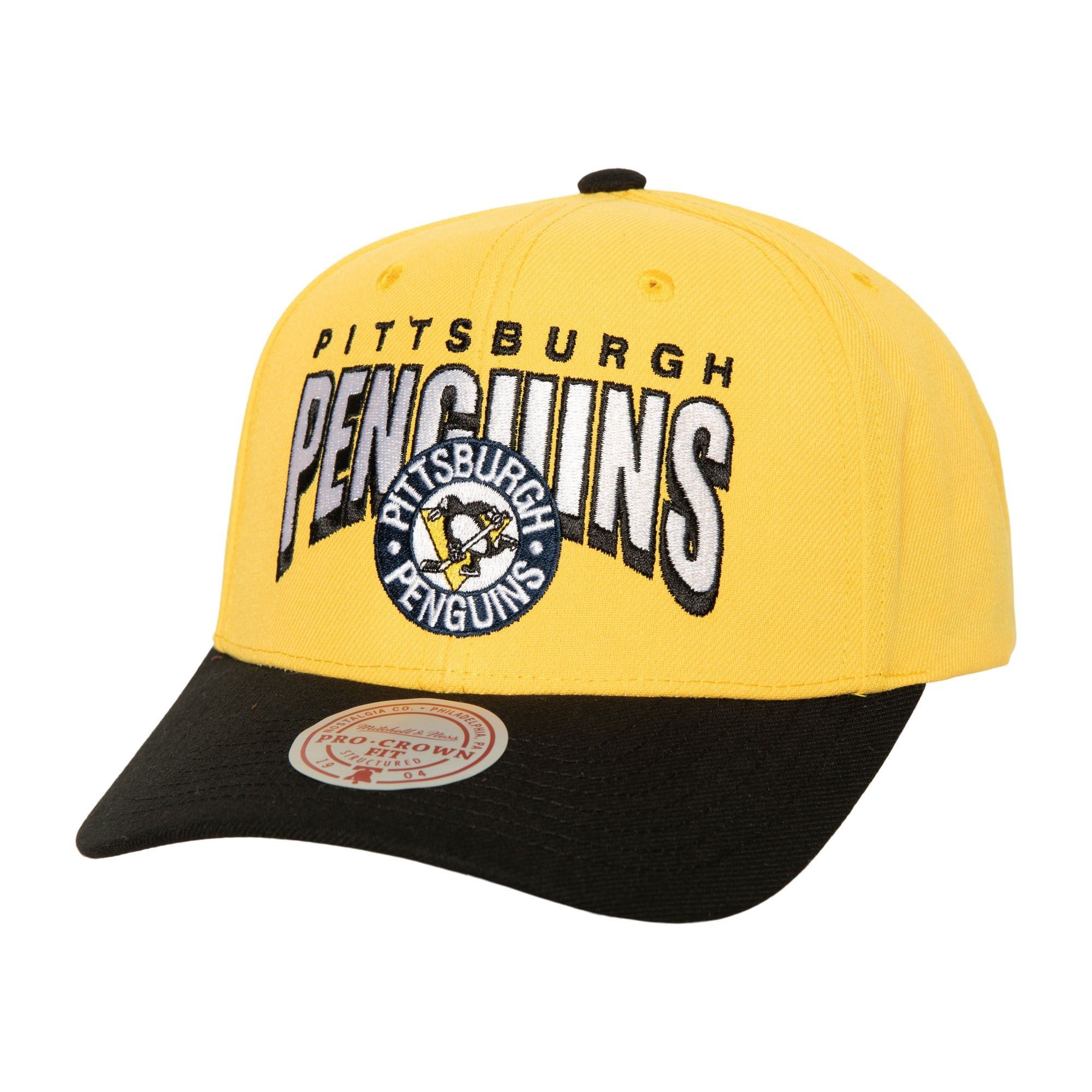 Pittsburgh Penguins NHL Boom Text  Pro Vintage Snapback Cap Yellow Mitchell & Ness