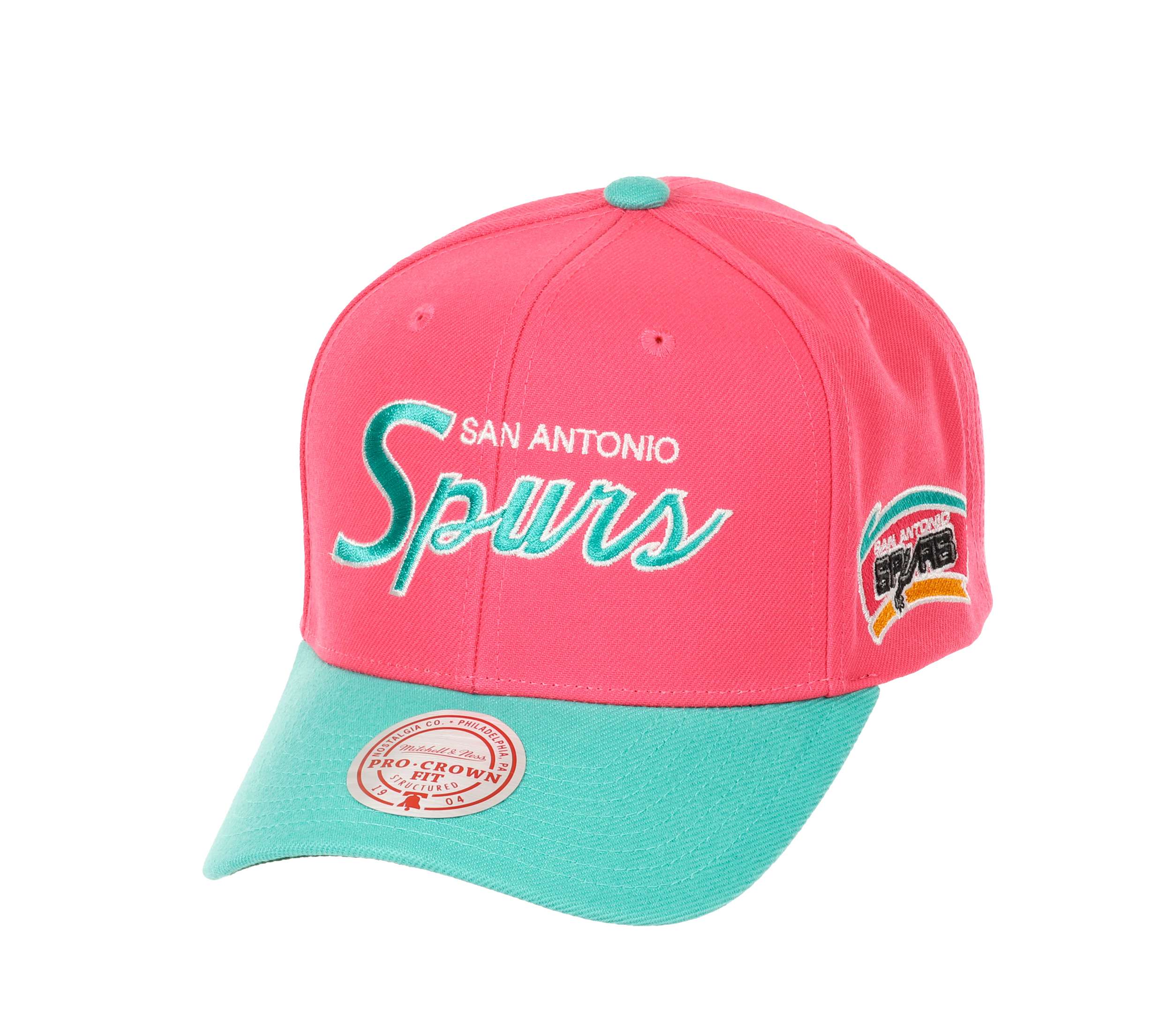 San Antonio Spurs NBA Team Script 2.0 Pink Turquoise Adjustable Curved Snapback Cap Mitchell & Ness