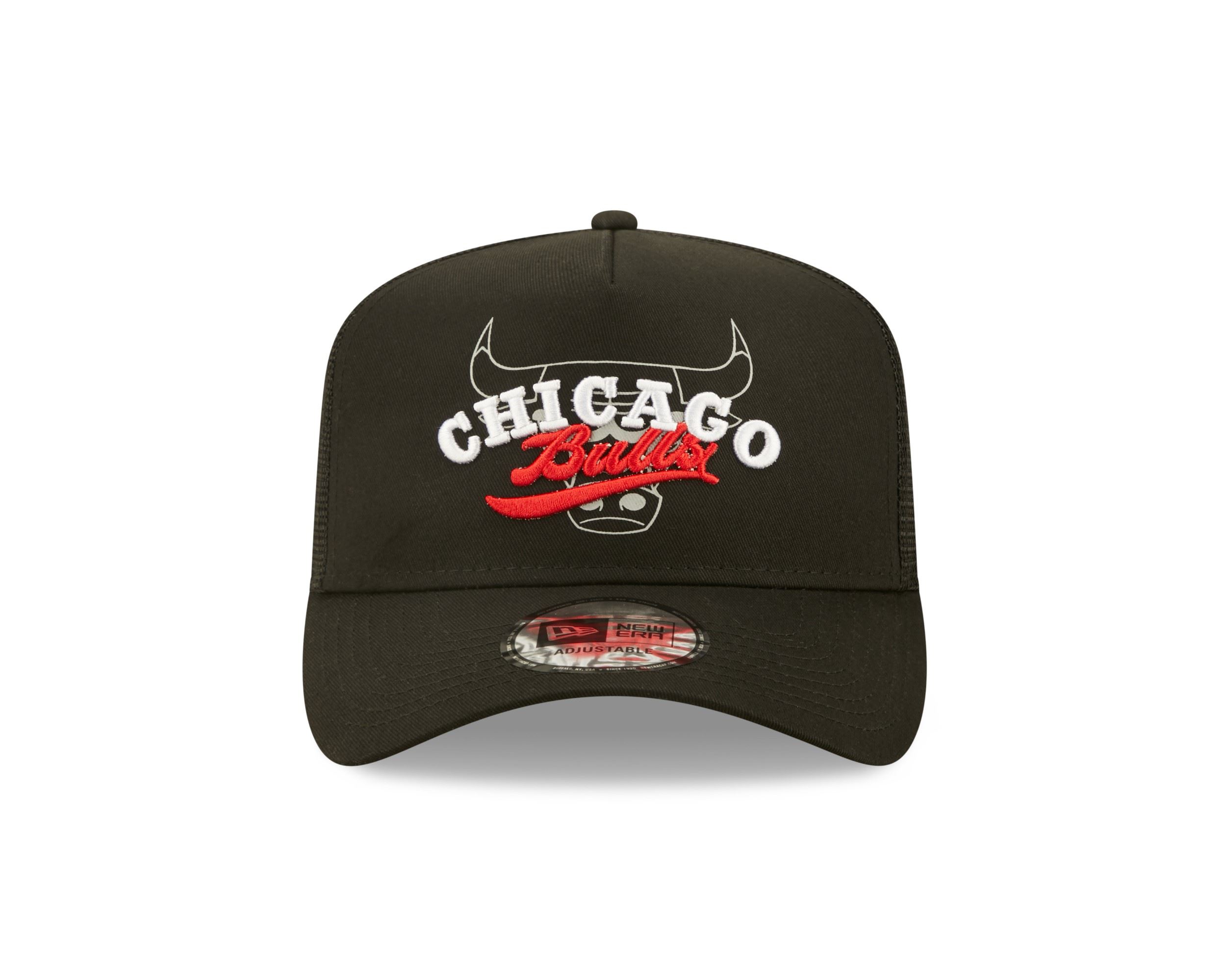 Chicago Bulls NBA Logo Overlay Black A-Frame Adjustable Trucker Cap New Era 