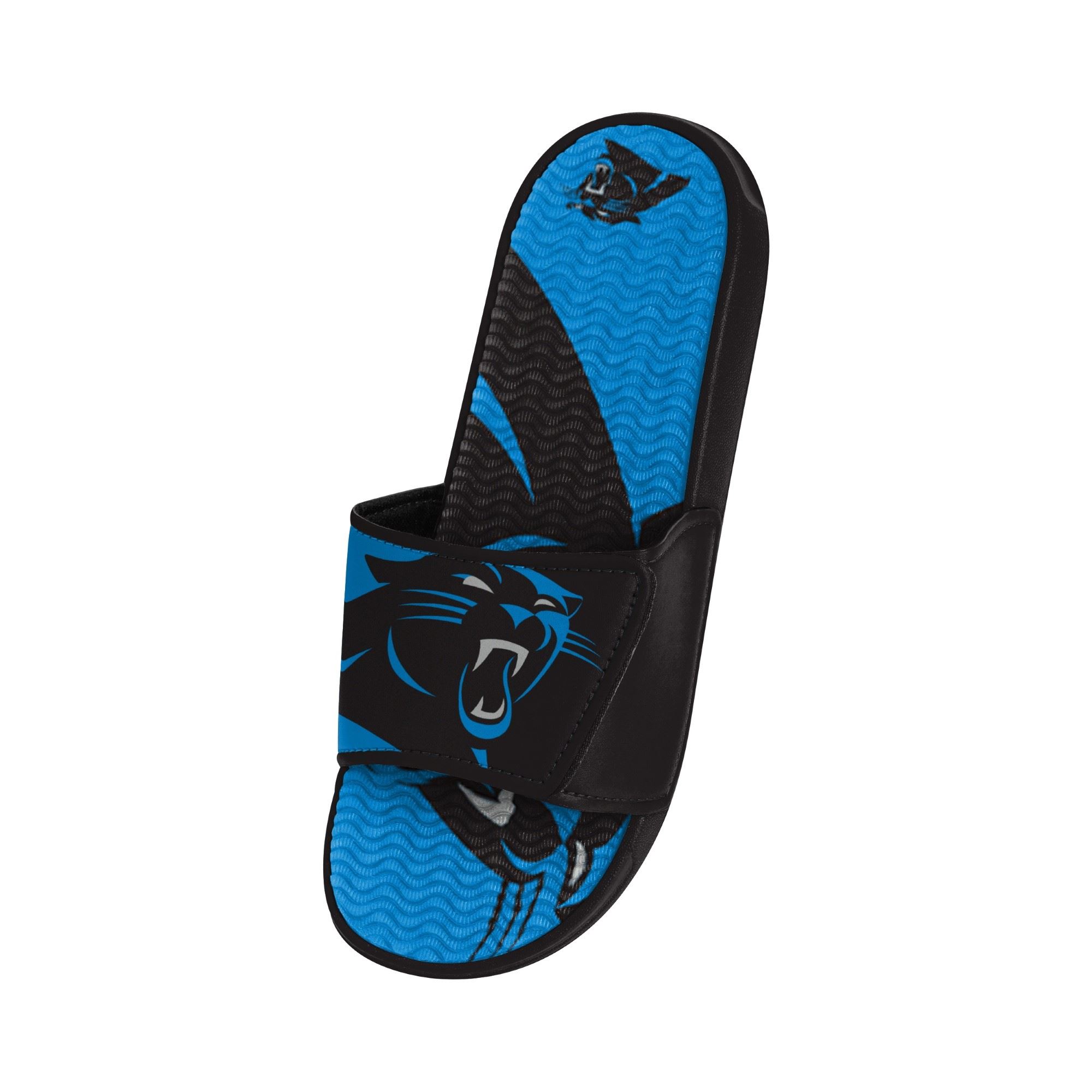 Carolina Panthers NFL Colorblock Big Logo Gel Slide Black Blue Badelatschen Hausschuhe Foco 