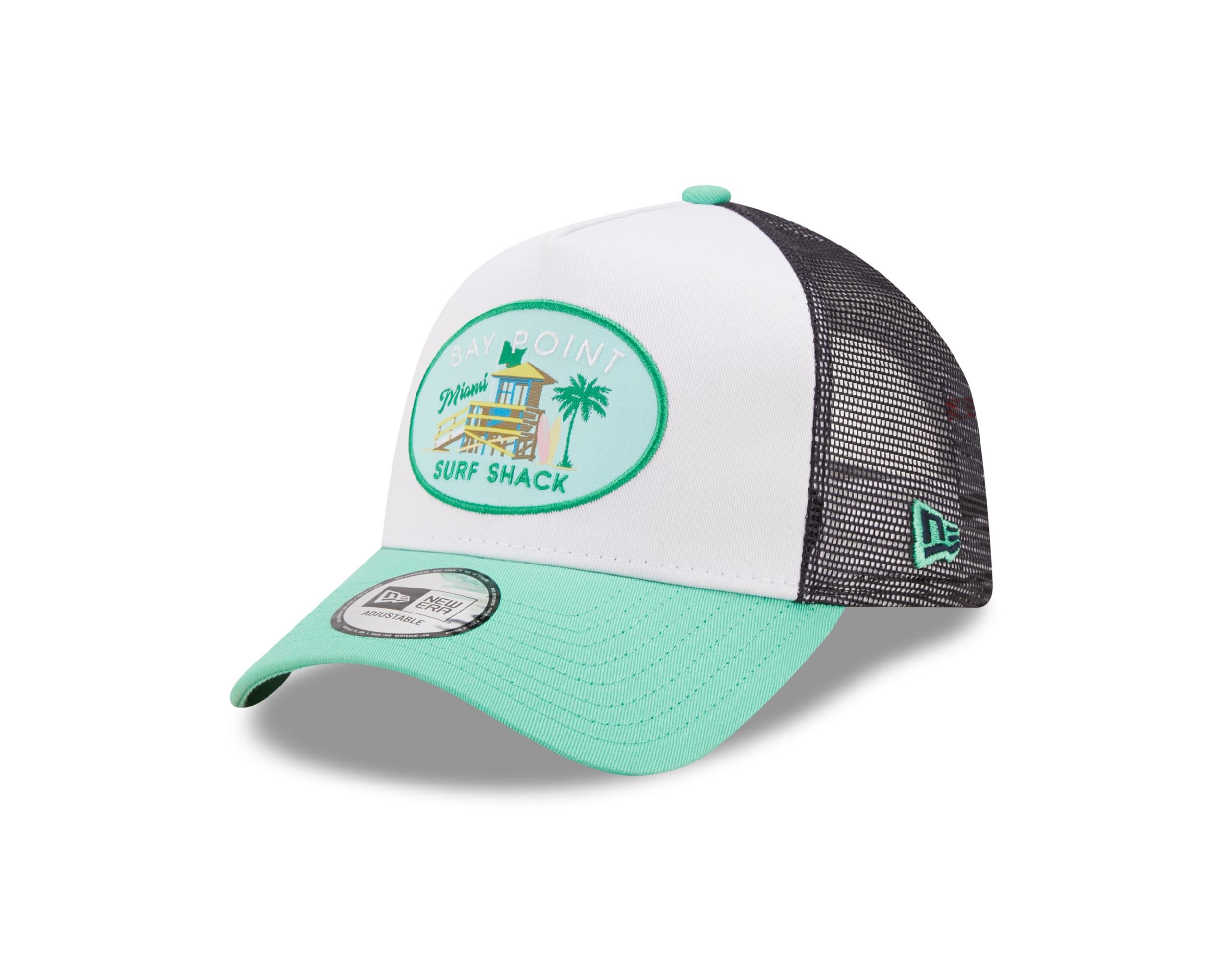 Bay Point Surf Shack Location Icon White Turquoise A-Frame Adjustable Trucker Cap New Era