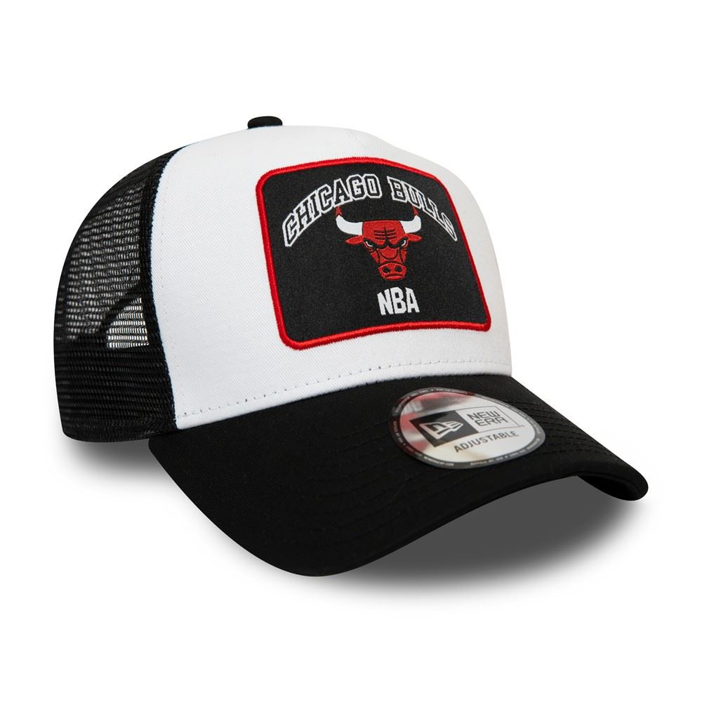 Chicago Bulls NBA Graphic Patch Black White A-Frame Adjustable Trucker Cap New Era