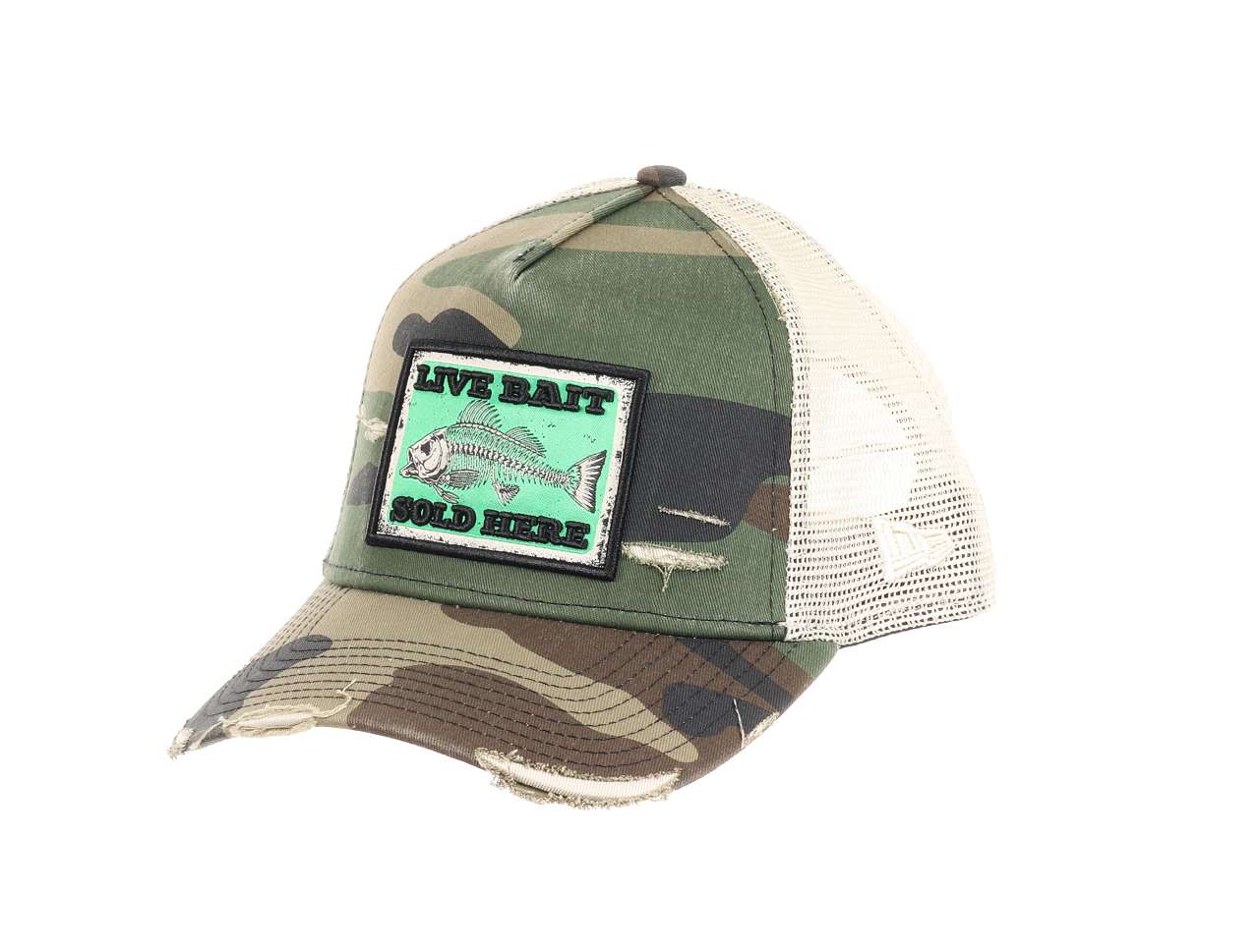 Distressed Live Bait Fish Patch Camouflage A-Frame Adjustable Trucker Cap New Era