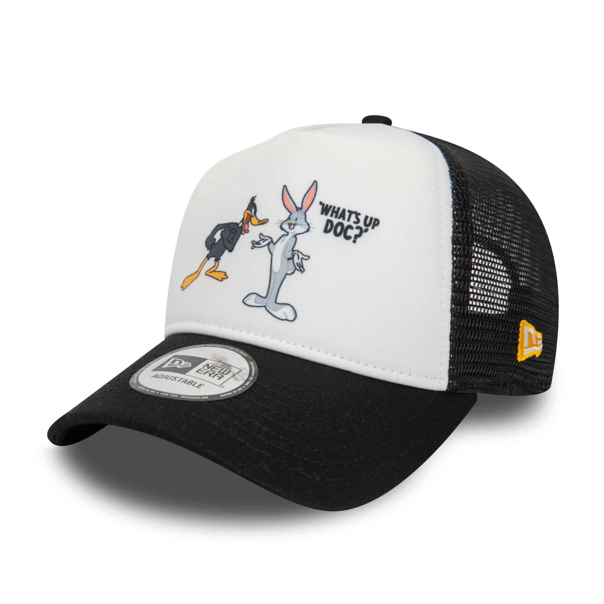Bugs Bunny und Daffy Duck Looney Tunes Character Schwarz Weiß Verstellbare A-Frame Trucker Cap New Era