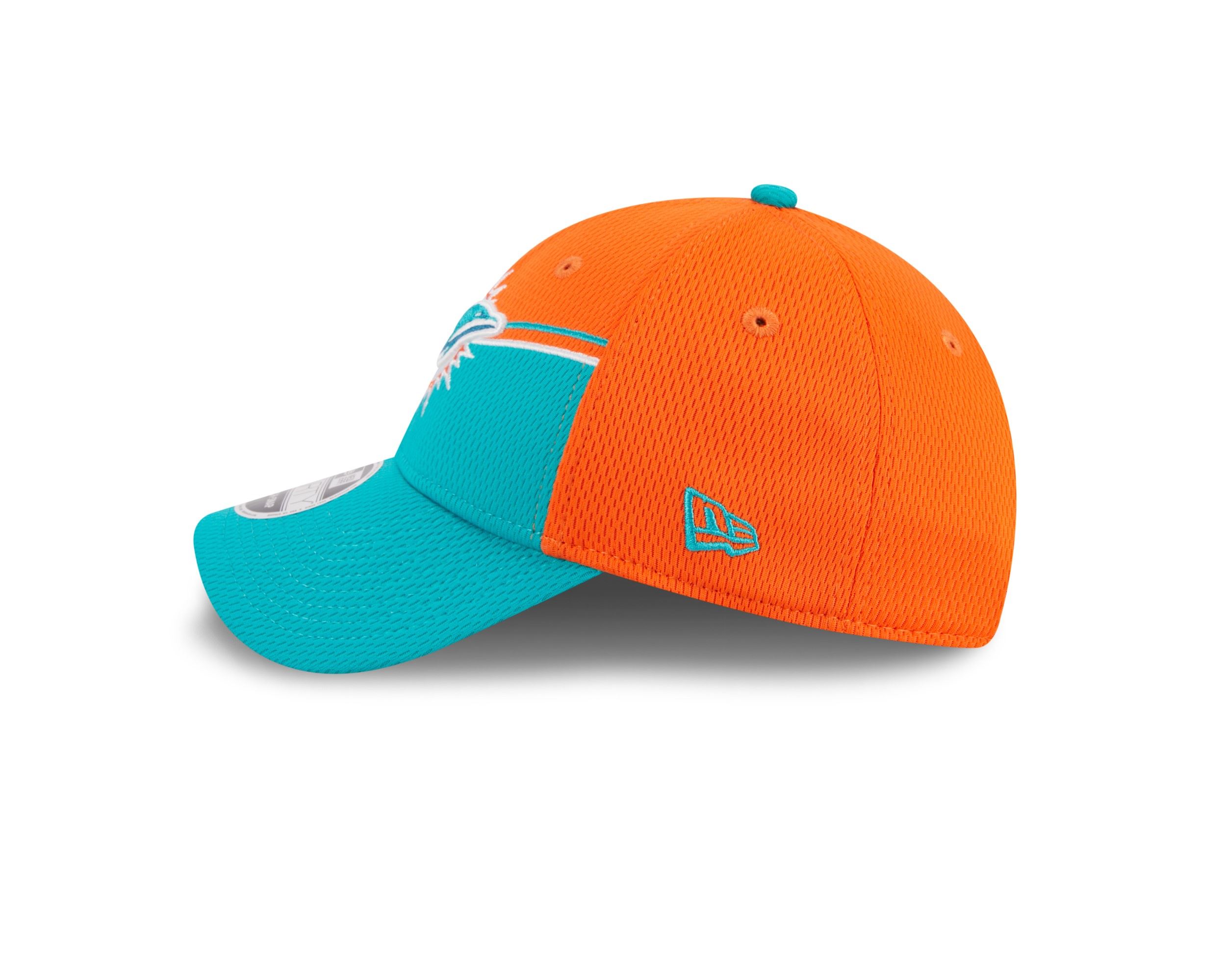 Miami Dolphins NFL 2023 Sideline Orange Turquoise 9Forty Stretch Snapback Cap New Era