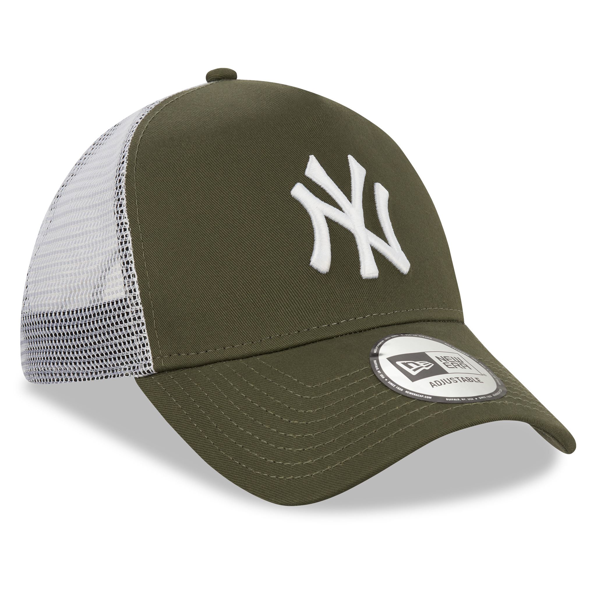 New York Yankees MLB League Essential Olive Green White A-Frame Adjustable Trucker Cap New Era