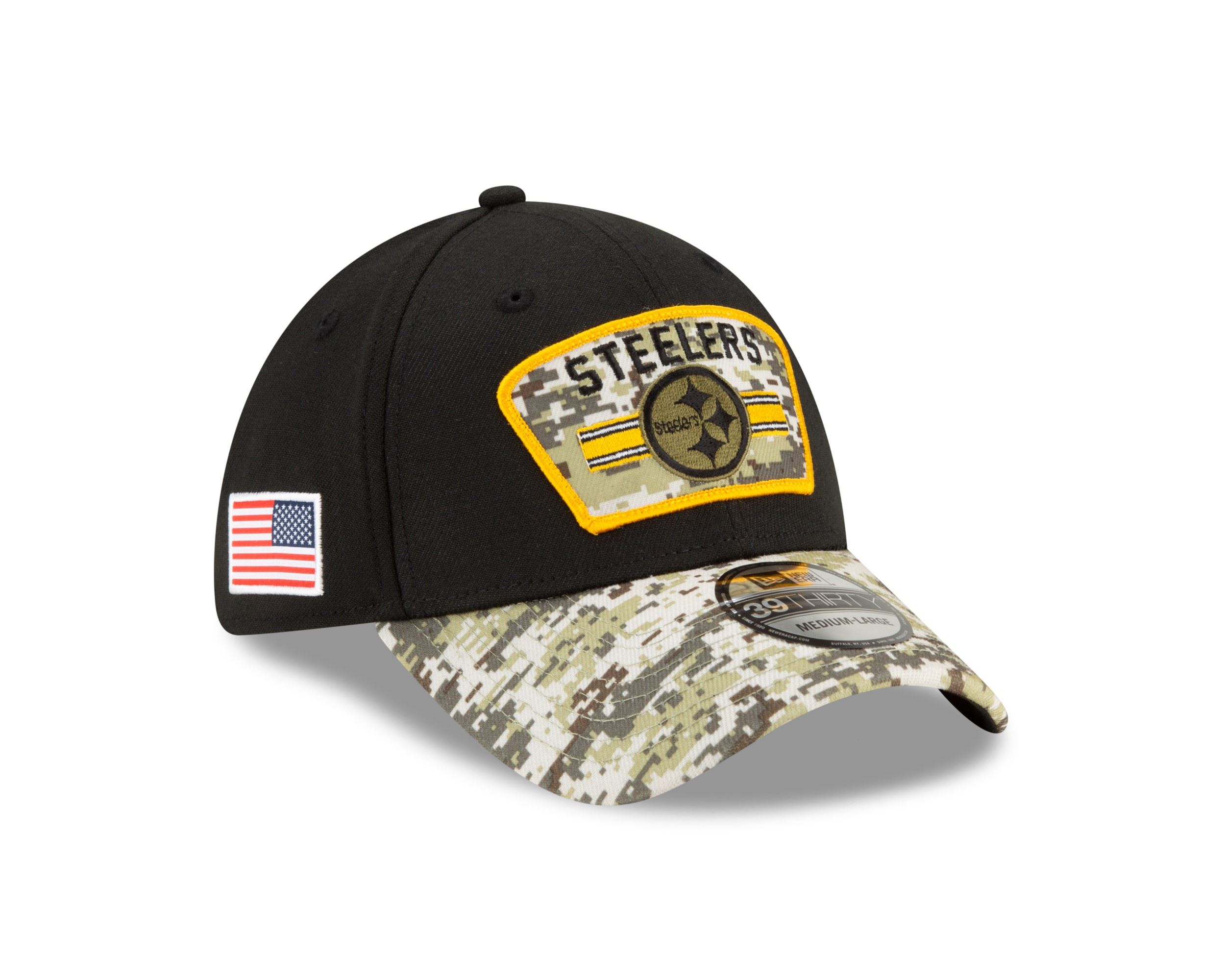 Pittsburgh Steelers NFL On Field 2021 Salute to Service Black 39Thirty Stretch Cap New Era