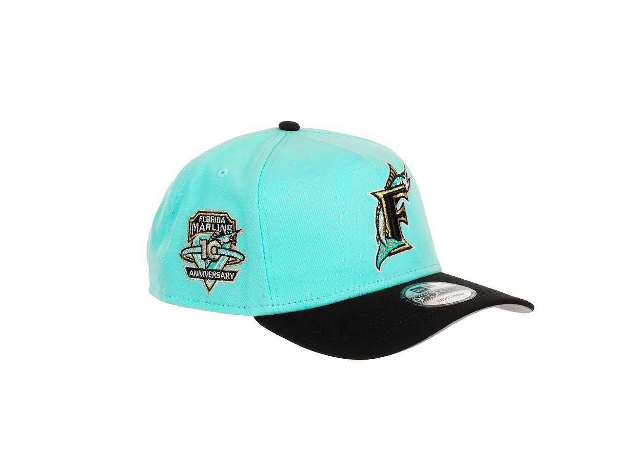 Florida Marlins MLB 10th Anniversary Sidepatch Cooperstown Mint Black 9Forty A-Frame Snapback Cap New Era