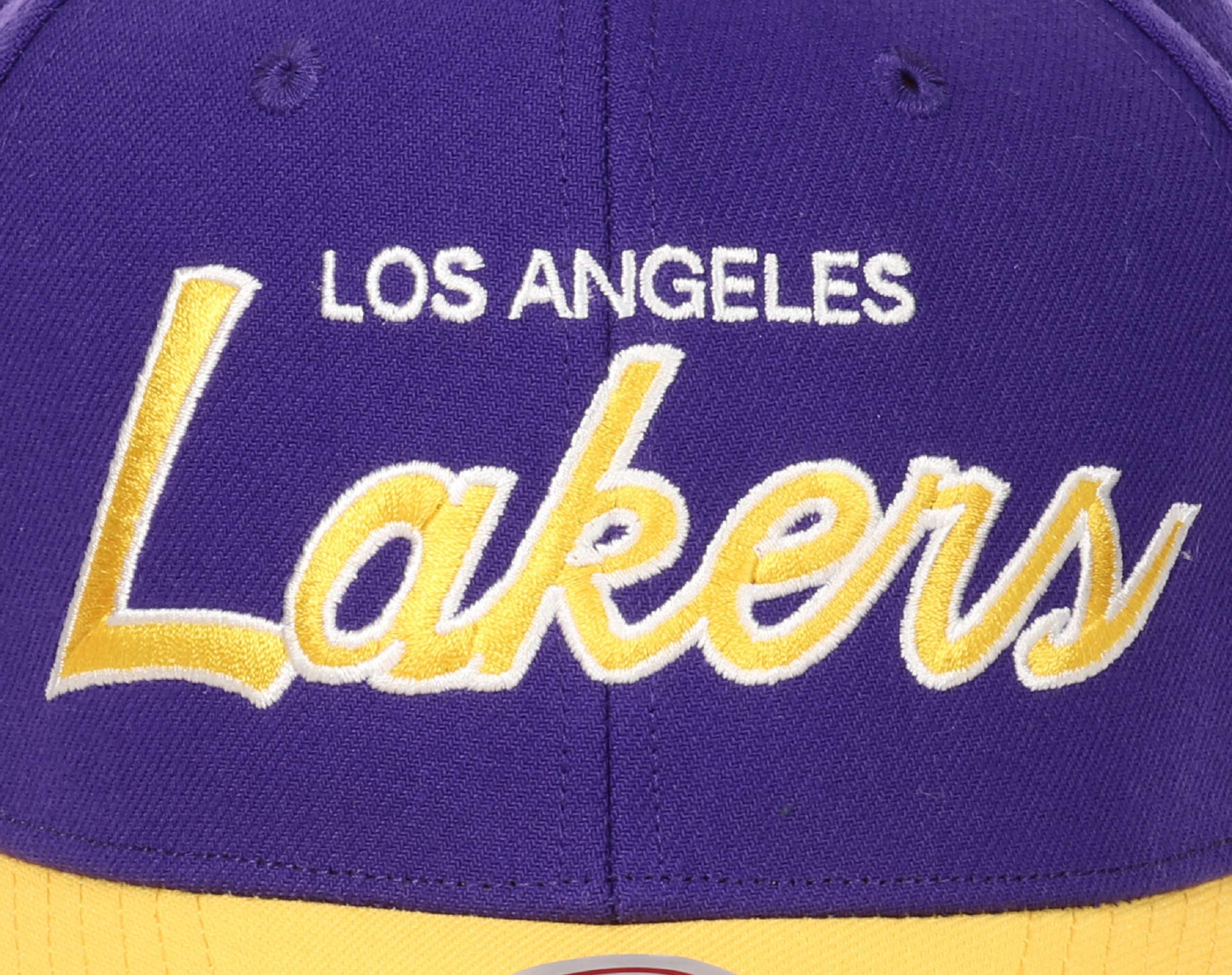 Los Angeles Lakers NBA Team Script 2.0 Purple Yellow Adjustable Curved Snapback Cap Mitchell & Ness