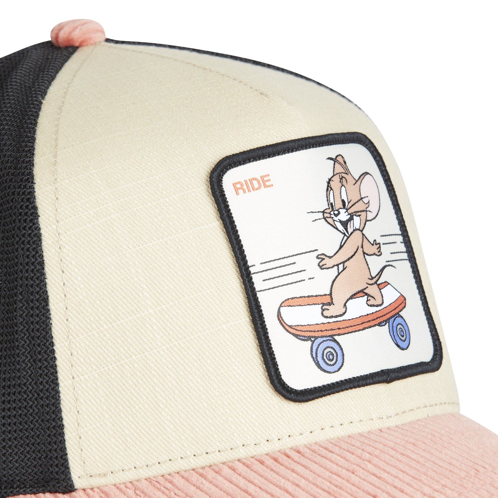 Jerry Ride Skateboard Tom and Jerry Beige Red Trucker Cap Capslab