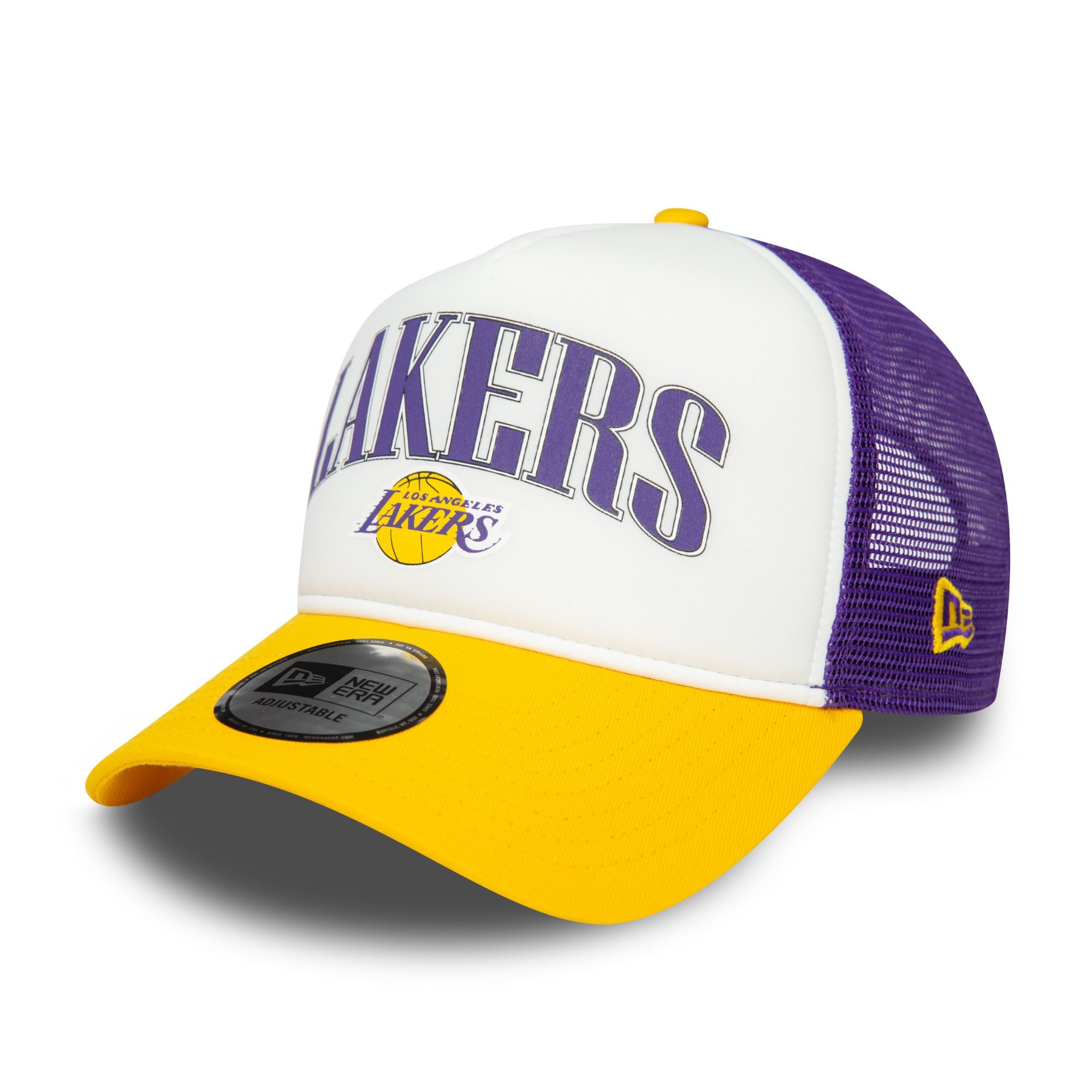 Los Angeles Lakers NBA Retro Weiß Lila Gelb Verstellbare A-Frame Trucker Cap New Era