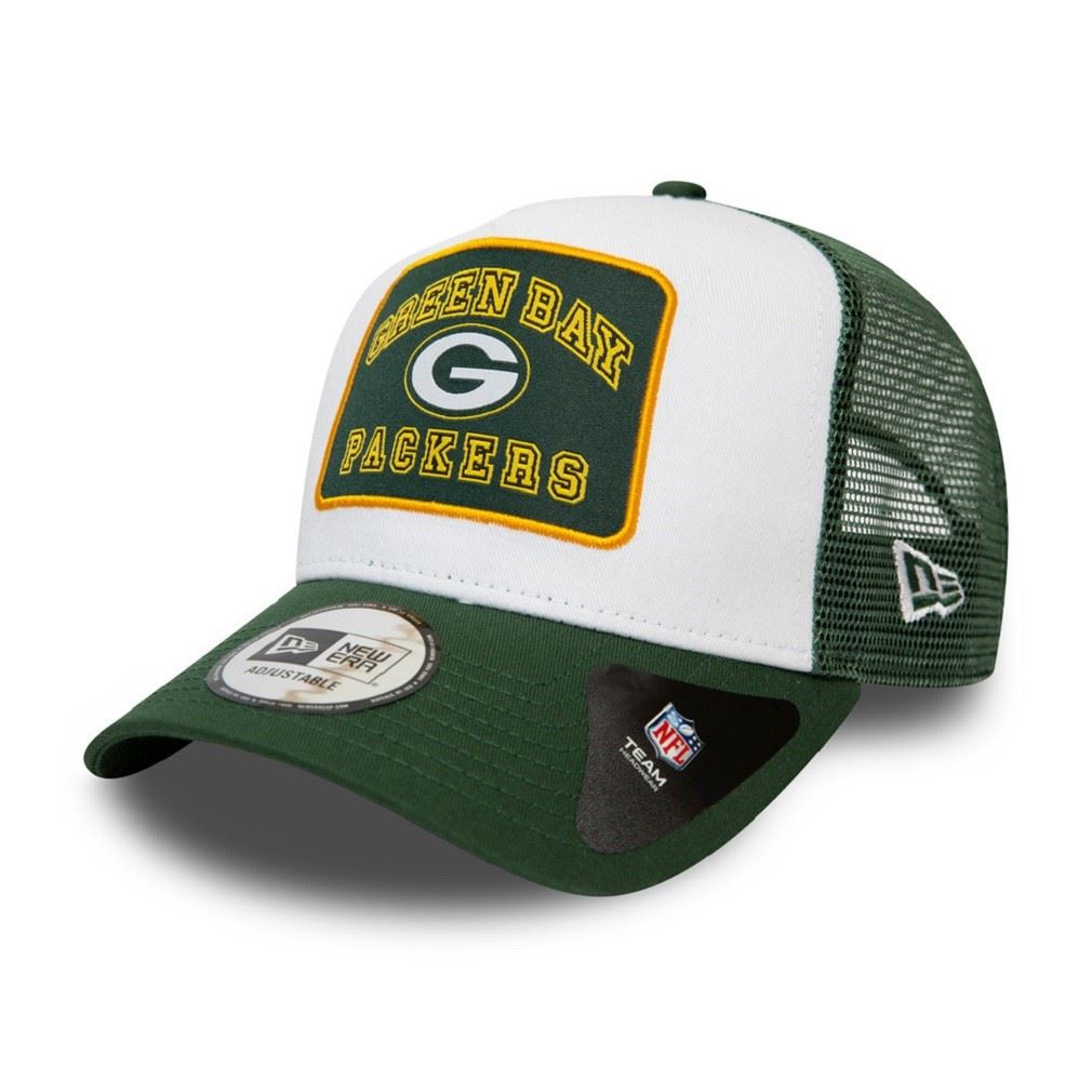 Green Bay Packers NFL Graphic Patch White Green A-Frame Adjustable Trucker Cap New Era