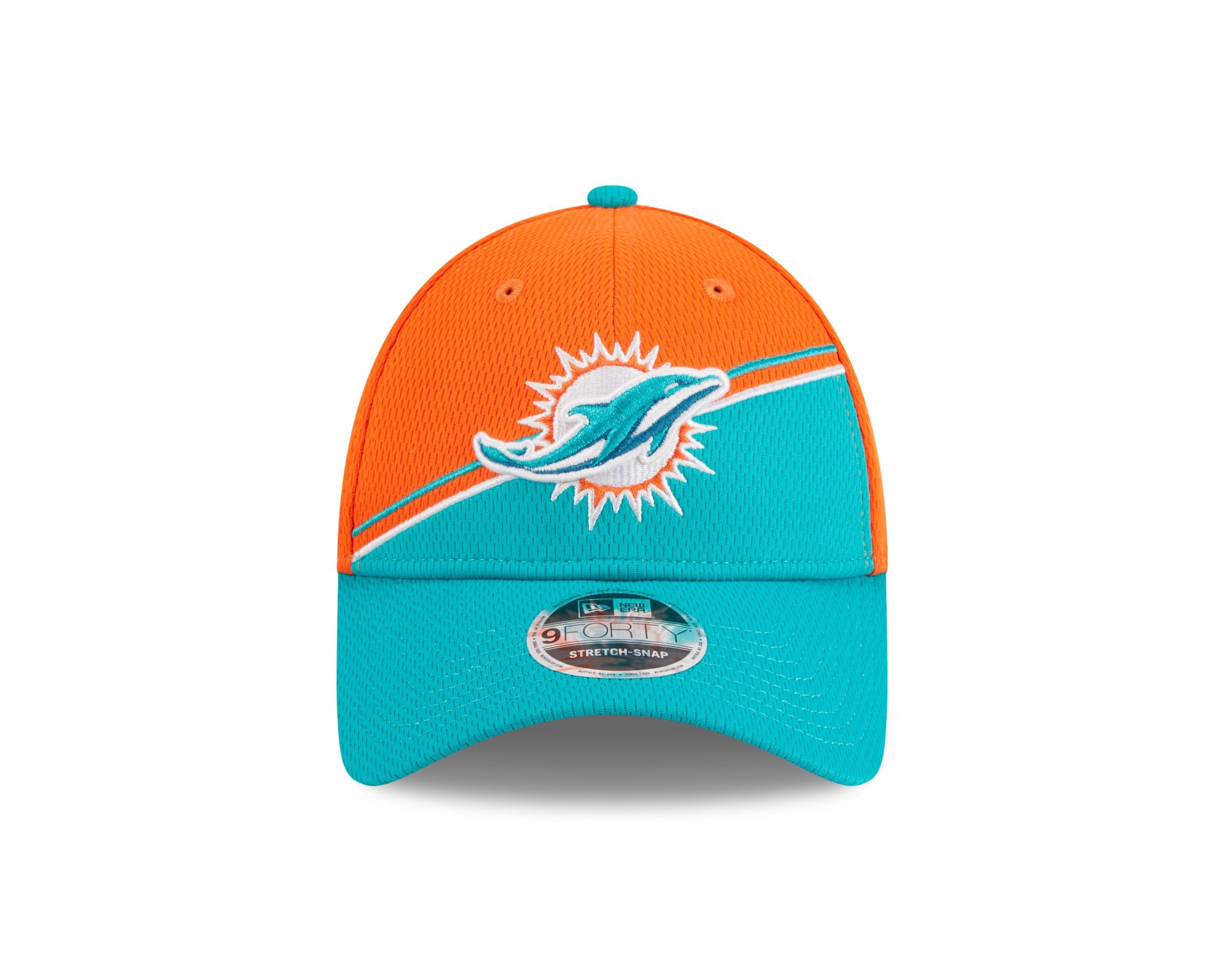 Miami Dolphins NFL 2023 Sideline Orange Turquoise 9Forty Stretch Snapback Cap New Era