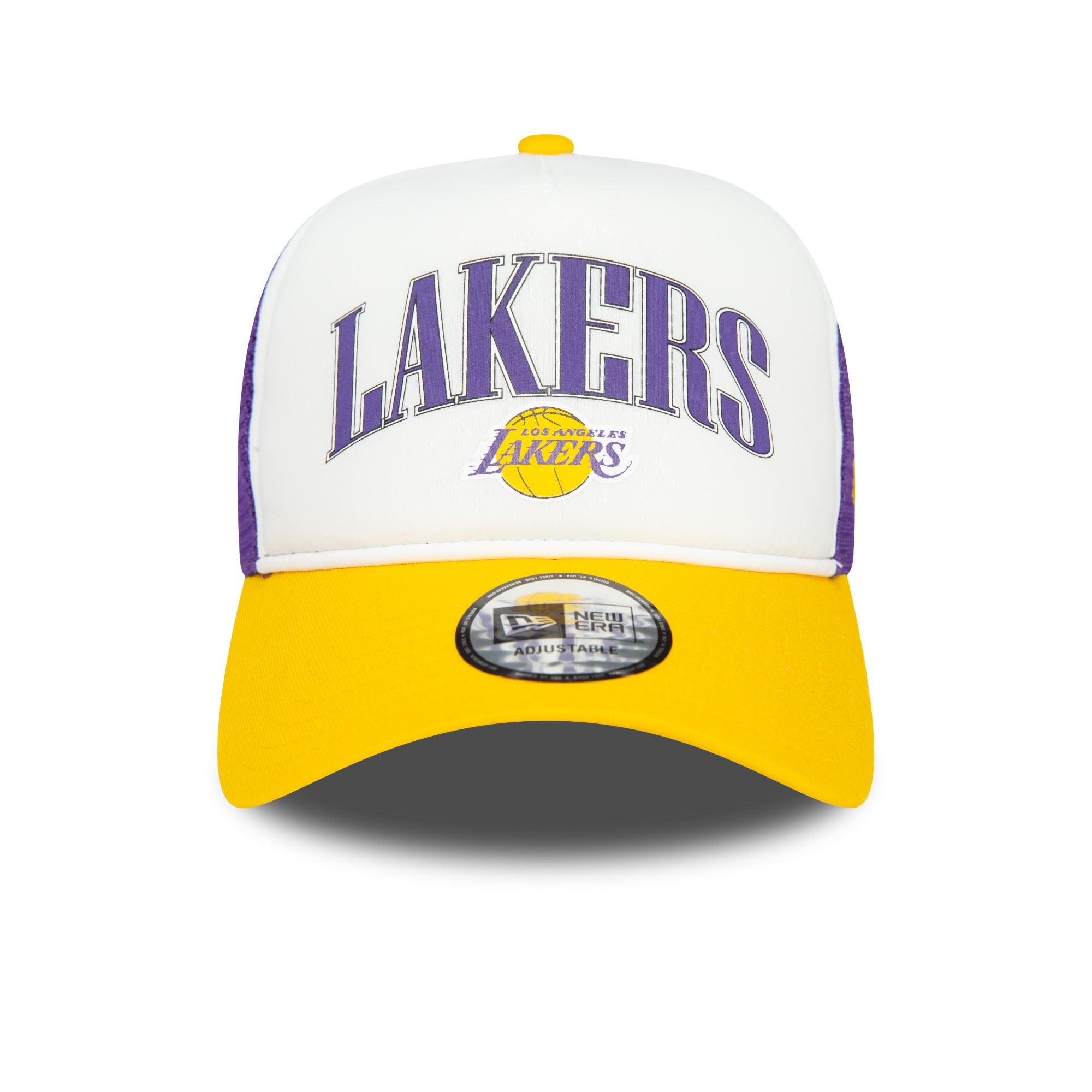Los Angeles Lakers NBA Retro Weiß Lila Gelb Verstellbare A-Frame Trucker Cap New Era