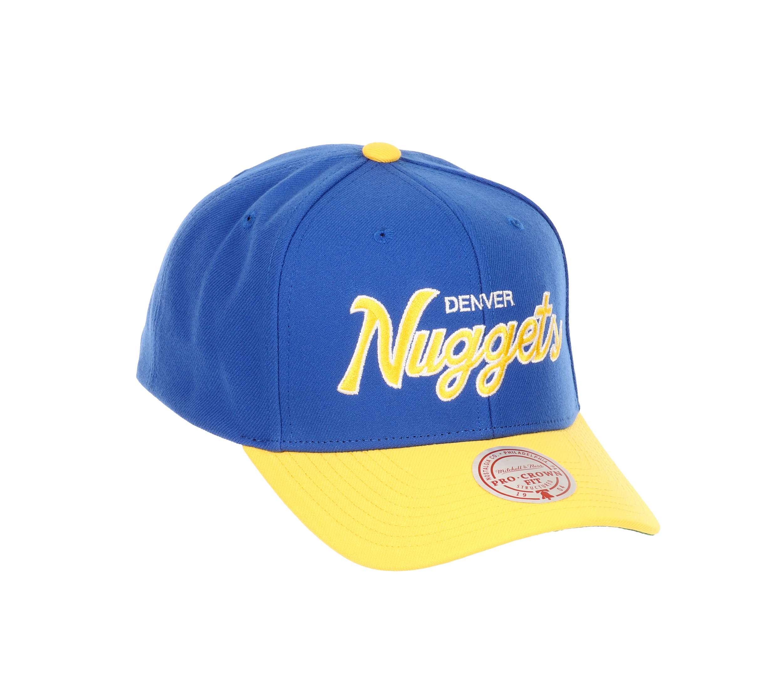 Denver Nuggets NBA Team Script 2.0 Blue Yellow Adjustable Curved Snapback Cap Mitchell & Ness