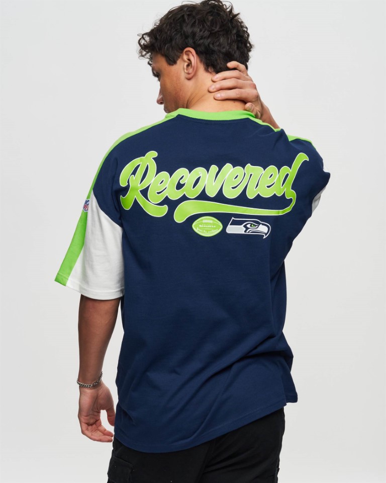 Seattle Seahawks Cut and Sew Navy Oversized T-Shirt Recovered