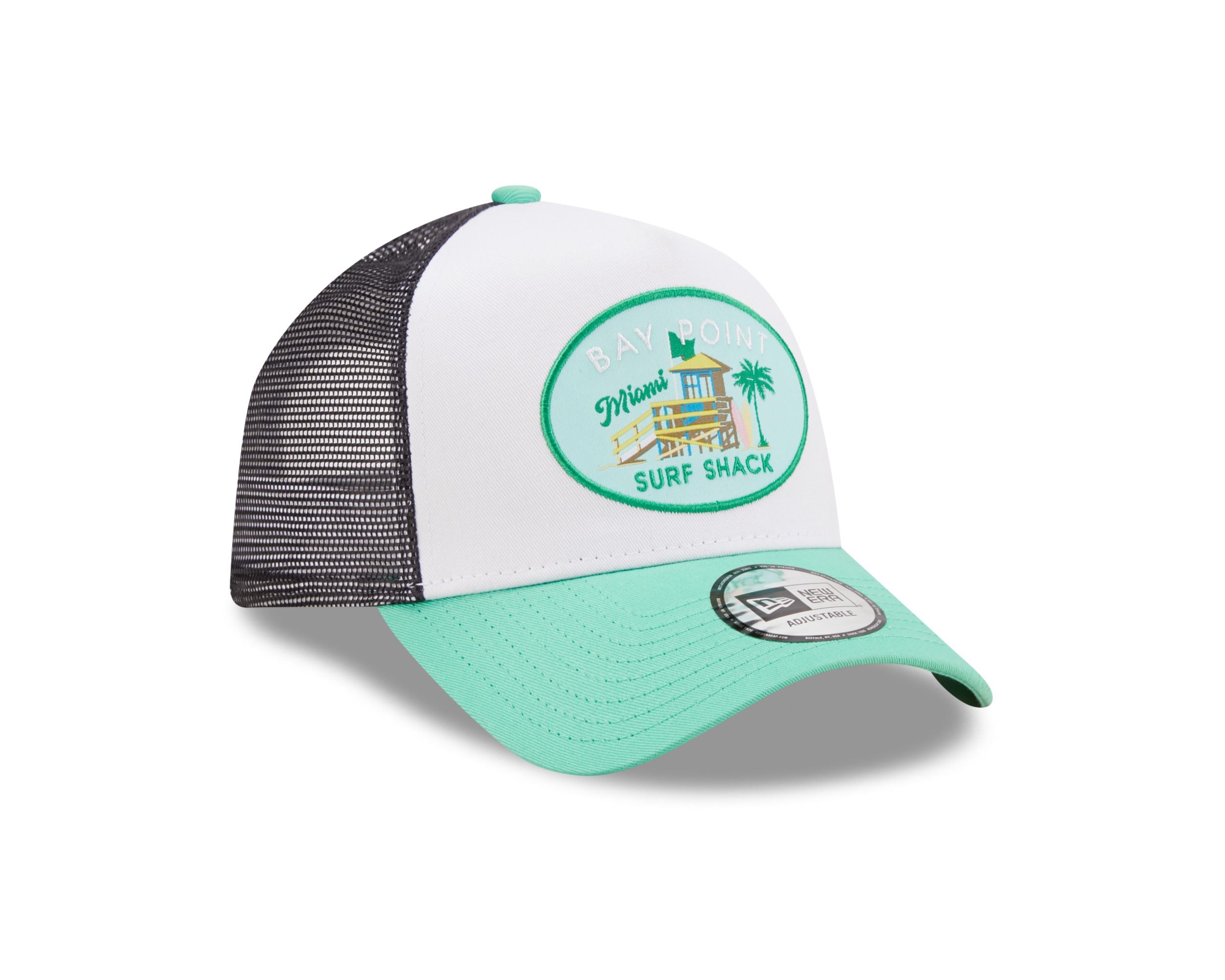 Bay Point Surf Shack Location Icon White Turquoise A-Frame Adjustable Trucker Cap New Era