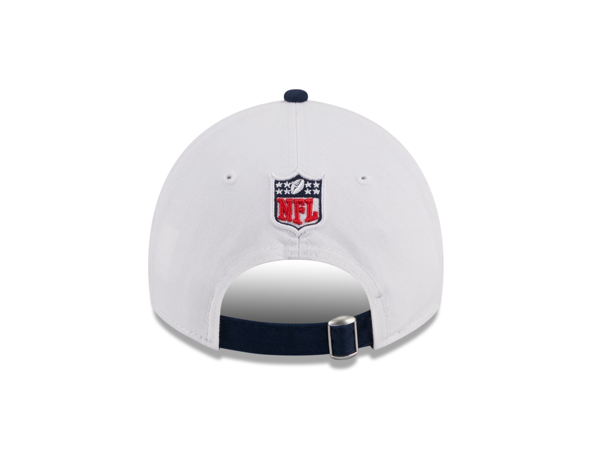 New England Patriots NFL 2023 Sideline White Blue 9Twenty Unstructured Strapback Cap New Era