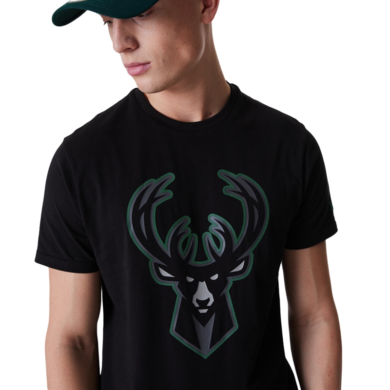 Milwaukee Bucks Black NBA Outline Logo  T- Shirt New Era