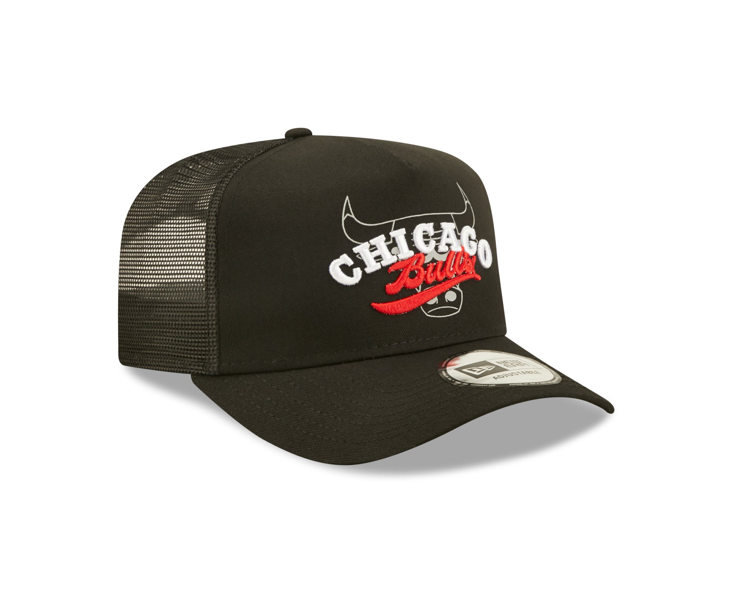 Chicago Bulls NBA Logo Overlay Black A-Frame Adjustable Trucker Cap New Era 