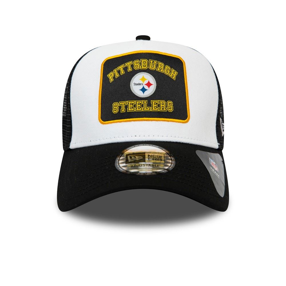 Pittsburgh Steelers NFL Graphic Patch White Black A-Frame Adjustable Trucker Cap New Era