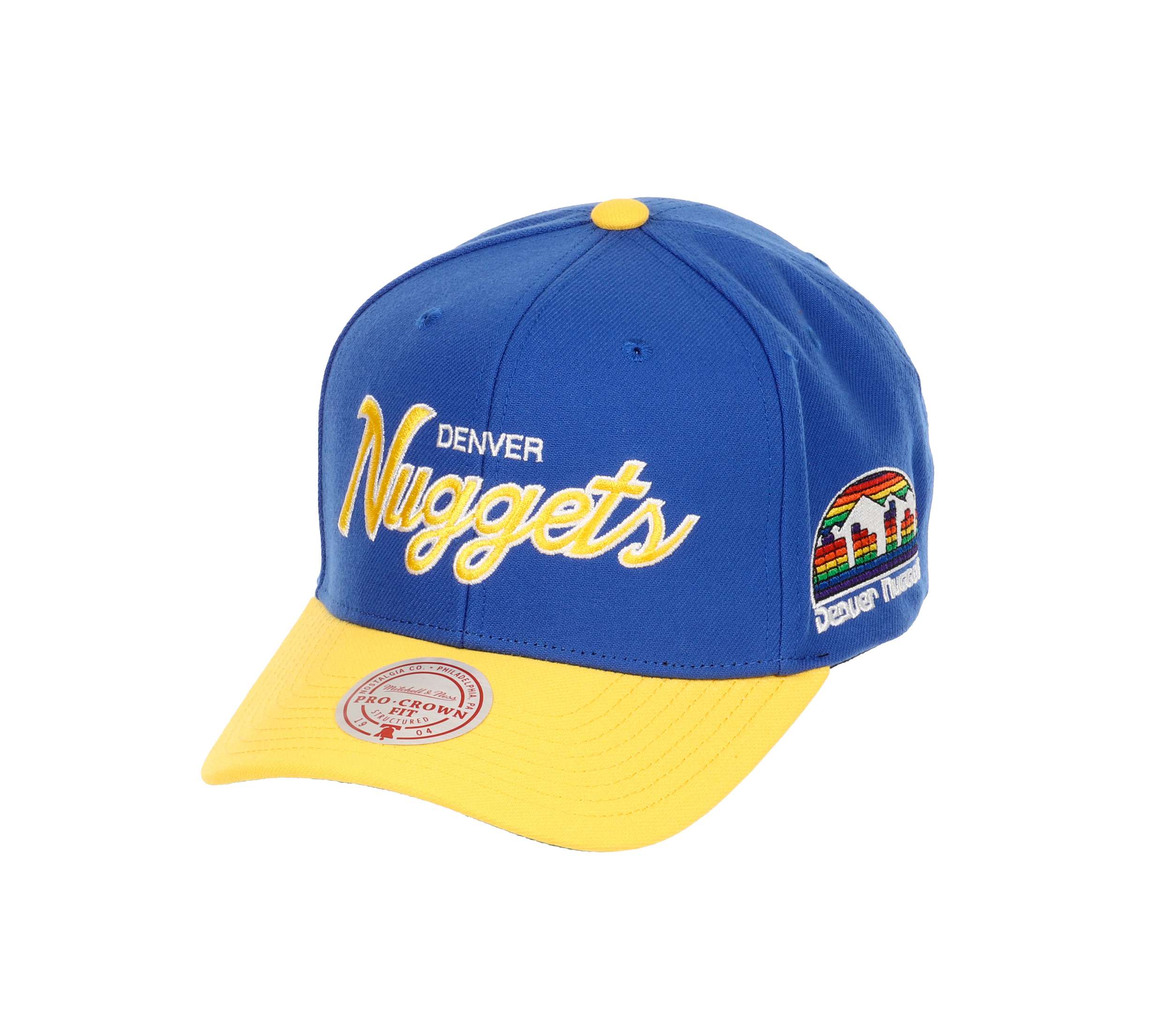 Denver Nuggets NBA Team Script 2.0 Blue Yellow Adjustable Curved Snapback Cap Mitchell & Ness