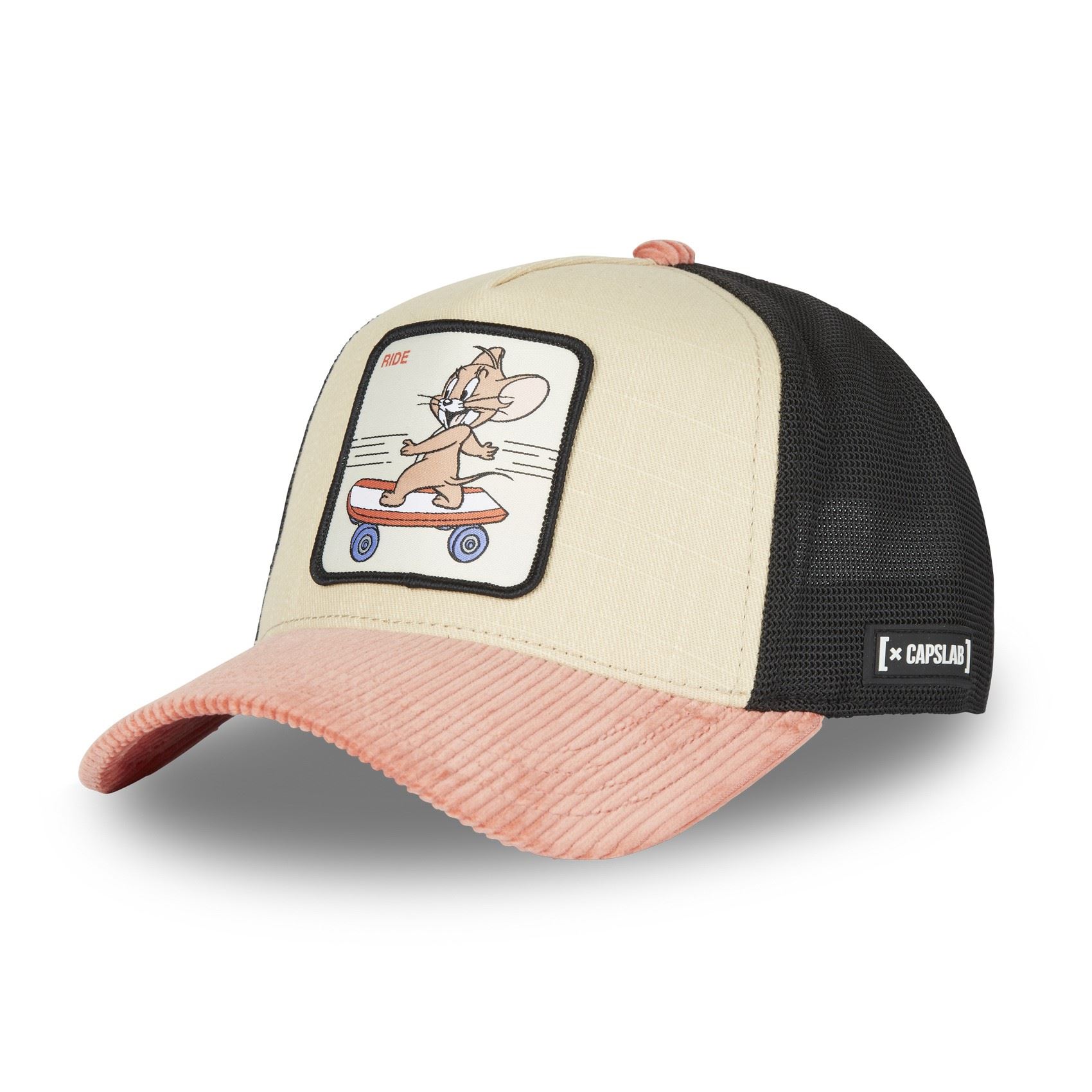 Jerry Ride Skateboard Tom and Jerry Beige Red Trucker Cap Capslab