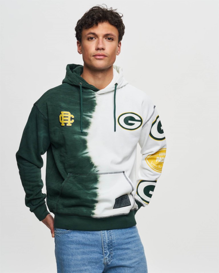 Green Bay Packers NFL Ink Dye Effect Green on White Hoody Recovered