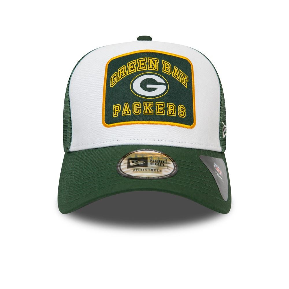 Green Bay Packers NFL Graphic Patch White Green A-Frame Adjustable Trucker Cap New Era